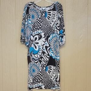 Marc Bouwer Midi Dress sz M Brown Teal Cream Geometric Floral Midi Straight
